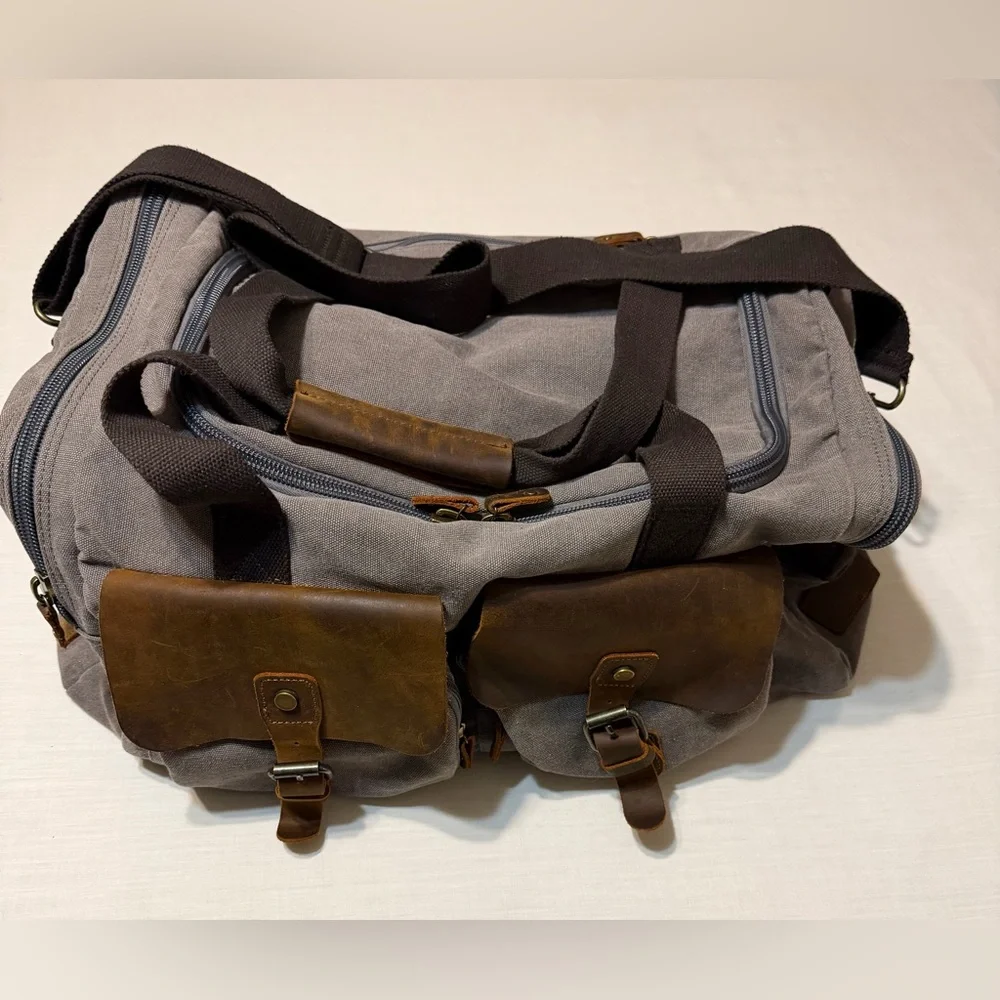 Aocome Gray Canvas Duffel Bag Leather Trim Travel Weekender/Shoe Compartment - Picture 4 of 13